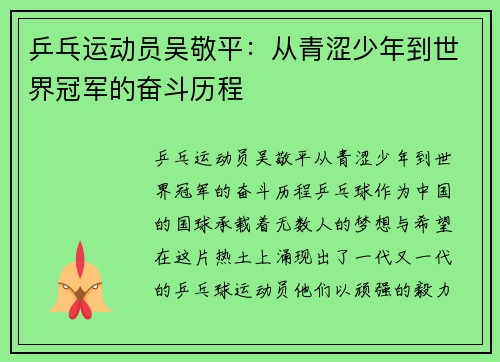乒乓运动员吴敬平：从青涩少年到世界冠军的奋斗历程
